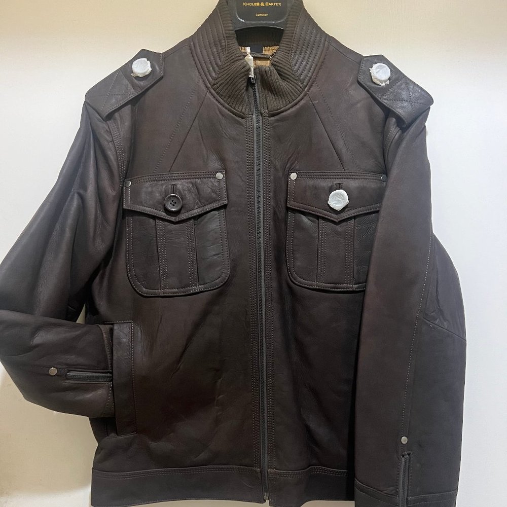 KNOLES &CARTER Men's Brown Color Leather Jacket Waist Length Nubuck Leather -New
